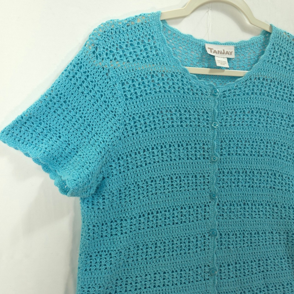 Turquoise Blue Crochet Cardigan Button Front Layering M Short Sleeve Cottagecore - Picture 8 of 10